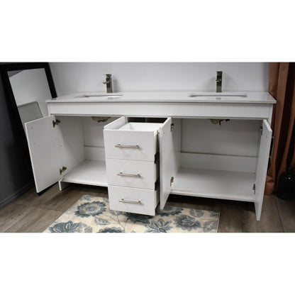 Volpa USA Capri 72" x 22" White Freestanding Modern Bathroom Vanity With White Microstone Top Undermount Double Sink and Brushed Nickel Edge Handles