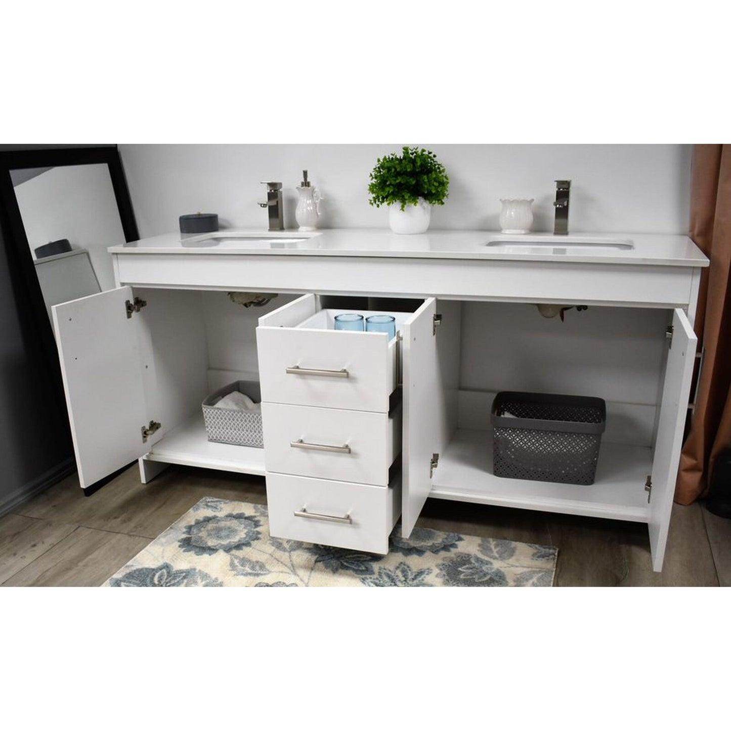 Volpa USA Capri 72" x 22" White Freestanding Modern Bathroom Vanity With White Microstone Top Undermount Double Sink and Brushed Nickel Edge Handles