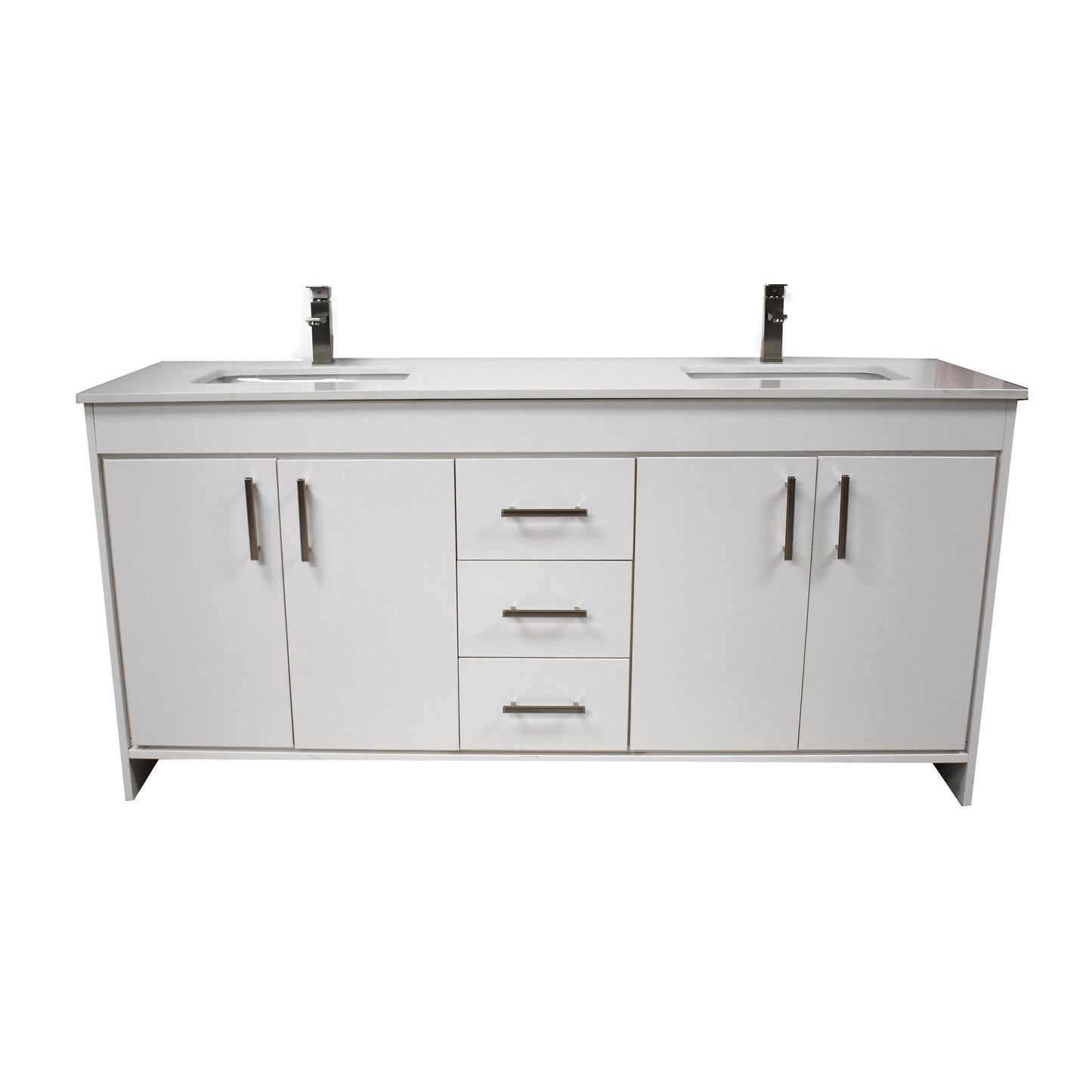 Volpa USA Capri 72" x 22" White Freestanding Modern Bathroom Vanity With White Microstone Top Undermount Double Sink and Brushed Nickel Edge Handles