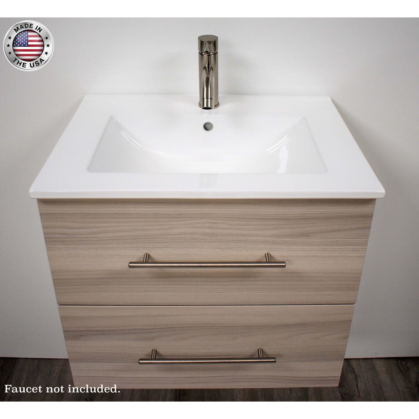 Volpa USA Napa 24" Ash Grey Wall-Mounted Floating Modern Bathroom Vanity With Integrated Ceramic Top and Satin Nickel Round Handles