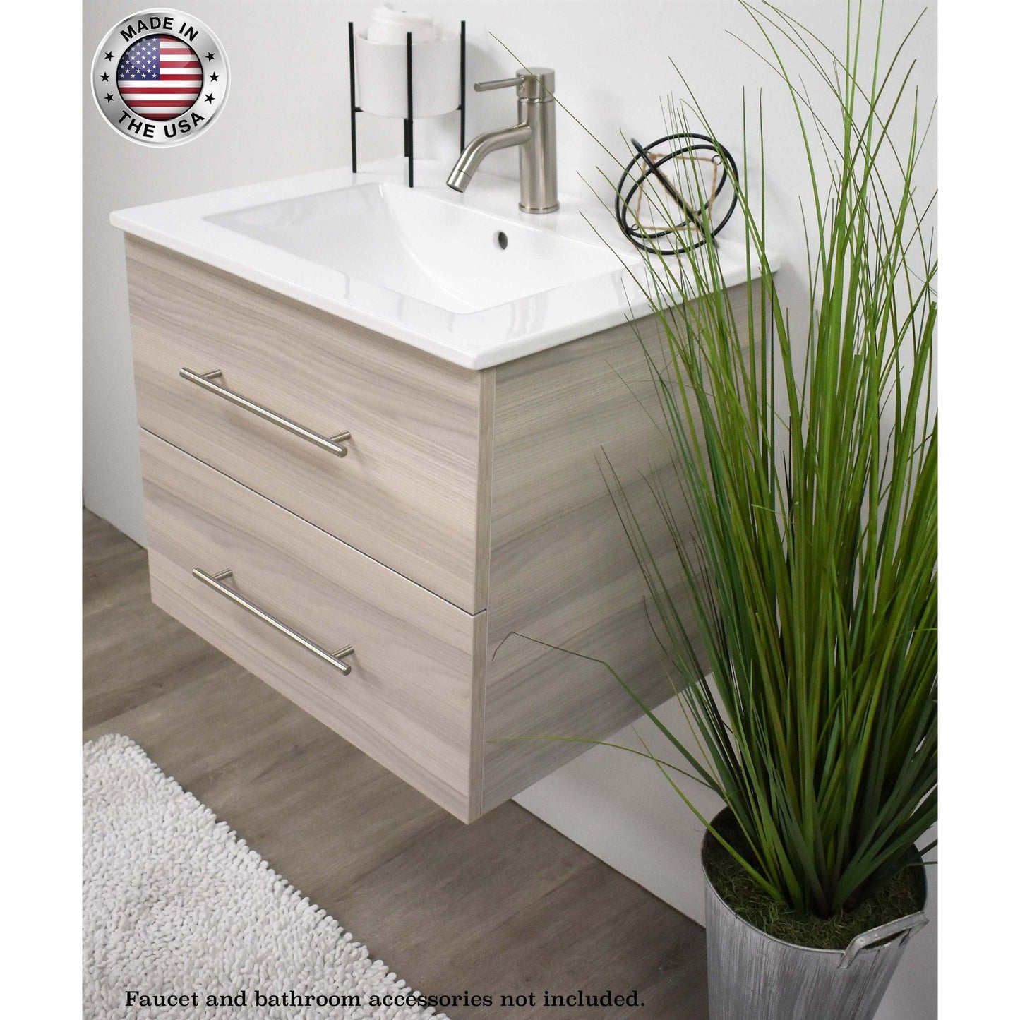 Volpa USA Napa 24" Ash Grey Wall-Mounted Floating Modern Bathroom Vanity With Integrated Ceramic Top and Satin Nickel Round Handles