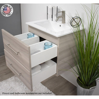 Volpa USA Napa 24" Ash Grey Wall-Mounted Floating Modern Bathroom Vanity With Integrated Ceramic Top and Satin Nickel Round Handles