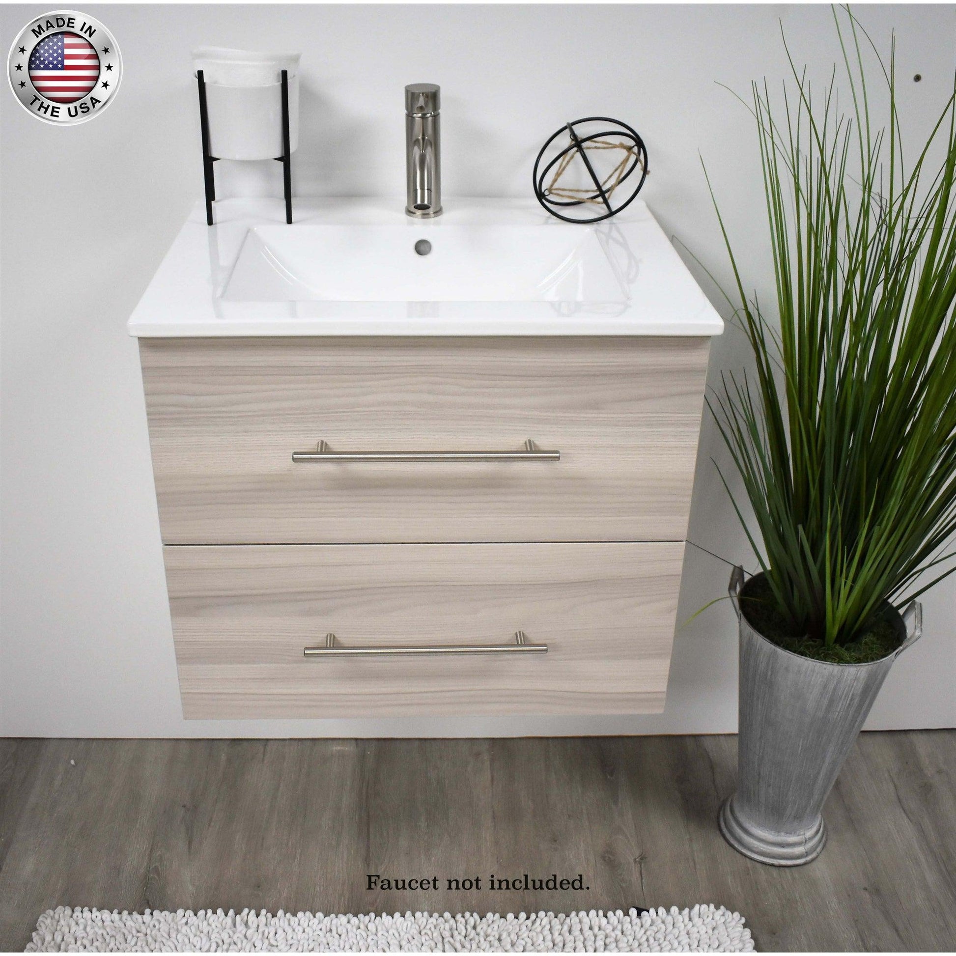 Volpa USA Napa 24" Ash Grey Wall-Mounted Floating Modern Bathroom Vanity With Integrated Ceramic Top and Satin Nickel Round Handles