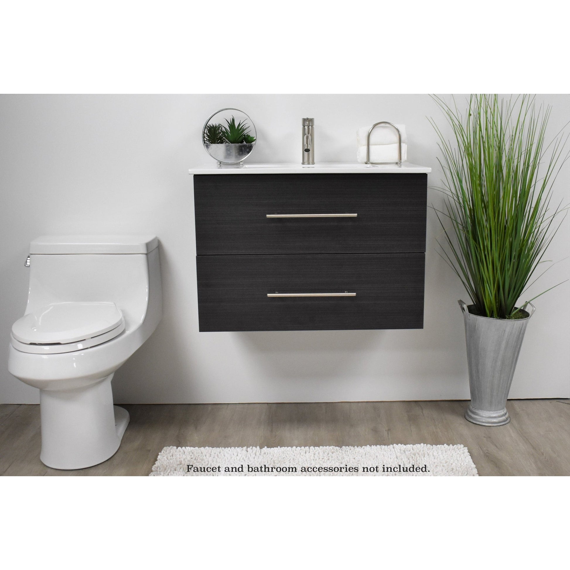 Volpa USA Napa 24" Black Ash Wall-Mounted Floating Modern Bathroom Vanity With Integrated Ceramic Top and Satin Nickel Round Handles