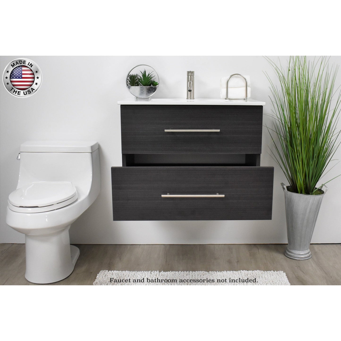 Volpa USA Napa 24" Black Ash Wall-Mounted Floating Modern Bathroom Vanity With Integrated Ceramic Top and Satin Nickel Round Handles