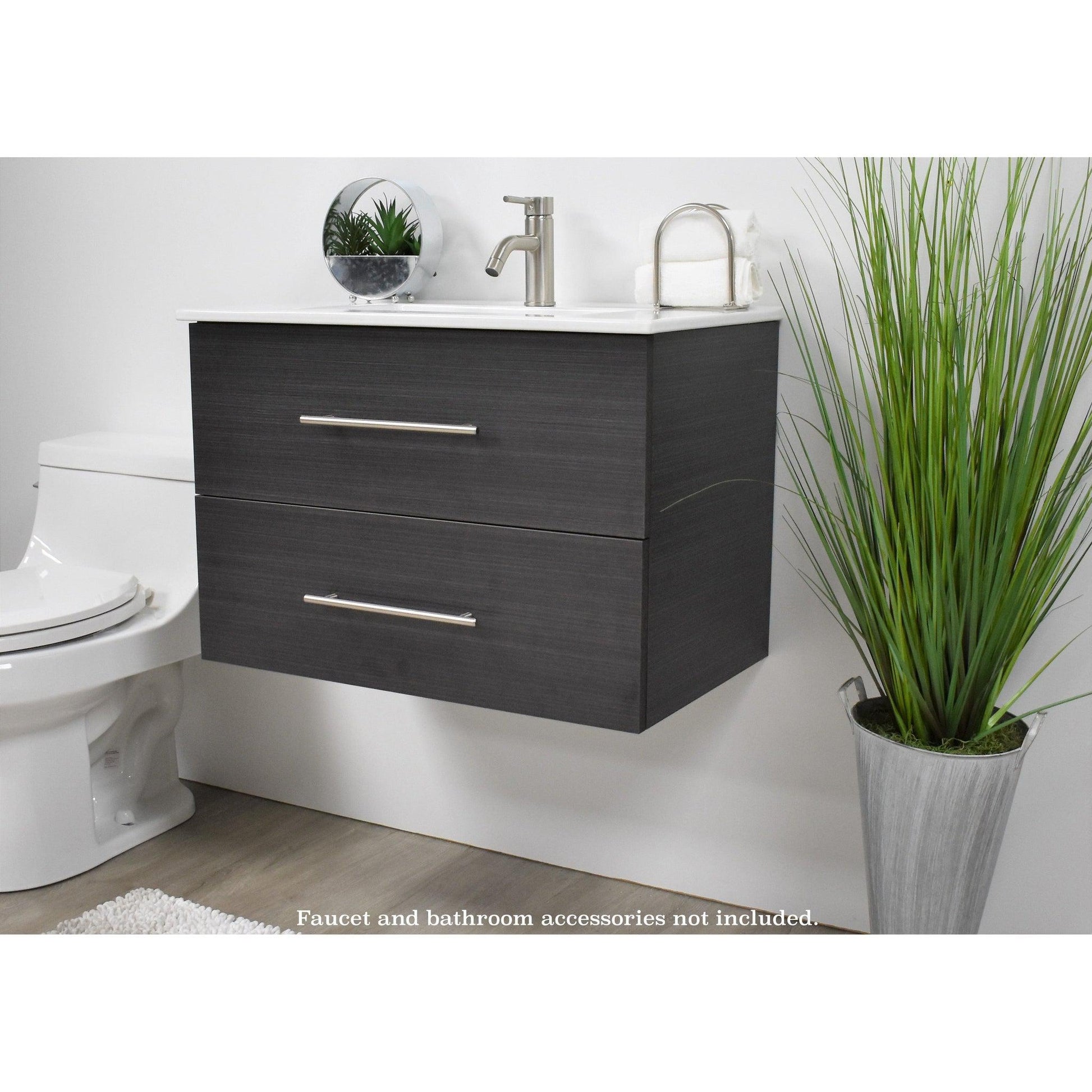 Volpa USA Napa 24" Black Ash Wall-Mounted Floating Modern Bathroom Vanity With Integrated Ceramic Top and Satin Nickel Round Handles