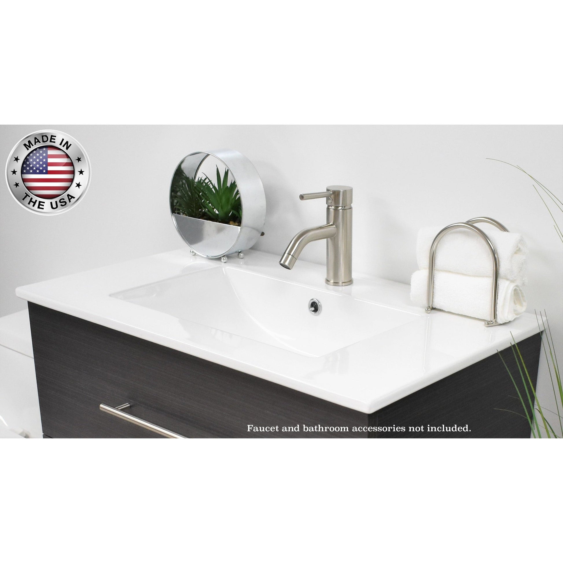 Volpa USA Napa 24" Black Ash Wall-Mounted Floating Modern Bathroom Vanity With Integrated Ceramic Top and Satin Nickel Round Handles