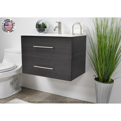 Volpa USA Napa 24" Black Ash Wall-Mounted Floating Modern Bathroom Vanity With Integrated Ceramic Top and Satin Nickel Round Handles