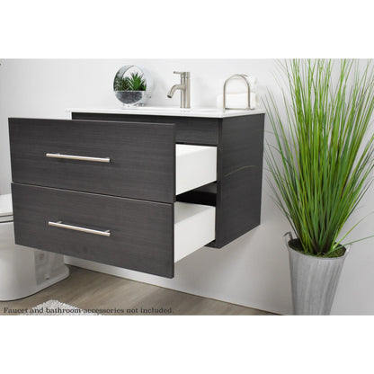 Volpa USA Napa 24" Black Ash Wall-Mounted Floating Modern Bathroom Vanity With Integrated Ceramic Top and Satin Nickel Round Handles