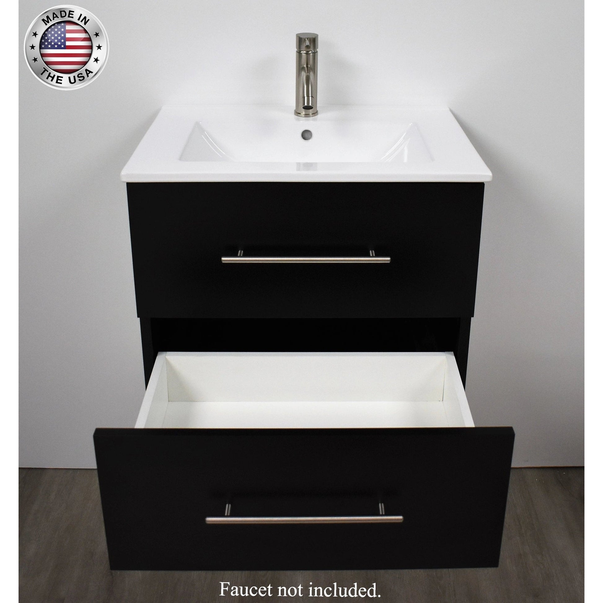 Volpa USA Napa 24" Black Wall-Mounted Floating Modern Bathroom Vanity With Integrated Ceramic Top and Satin Nickel Round Handles