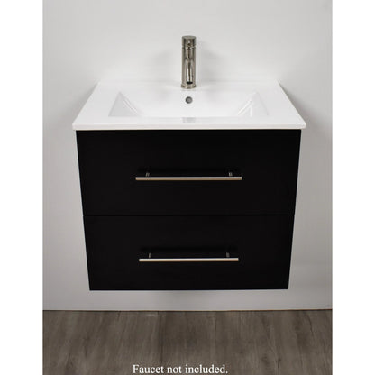 Volpa USA Napa 24" Black Wall-Mounted Floating Modern Bathroom Vanity With Integrated Ceramic Top and Satin Nickel Round Handles