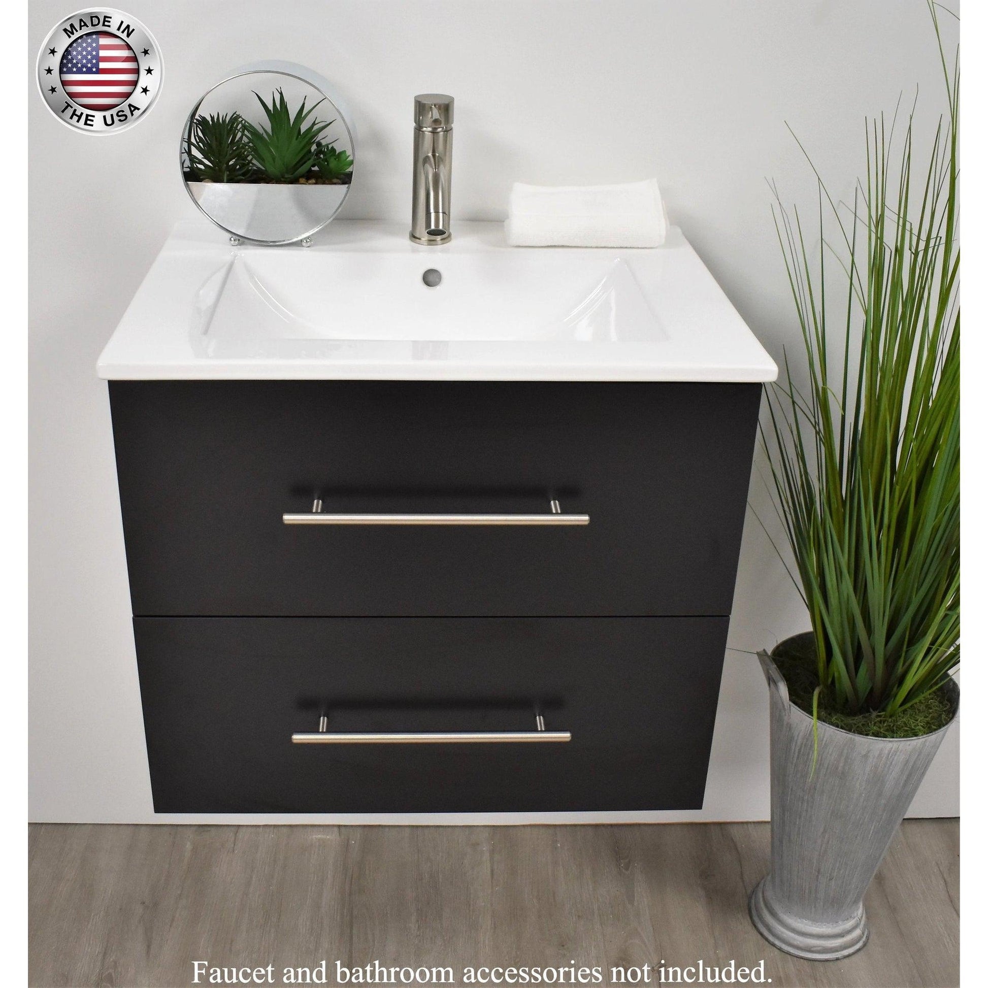 Volpa USA Napa 24" Black Wall-Mounted Floating Modern Bathroom Vanity With Integrated Ceramic Top and Satin Nickel Round Handles