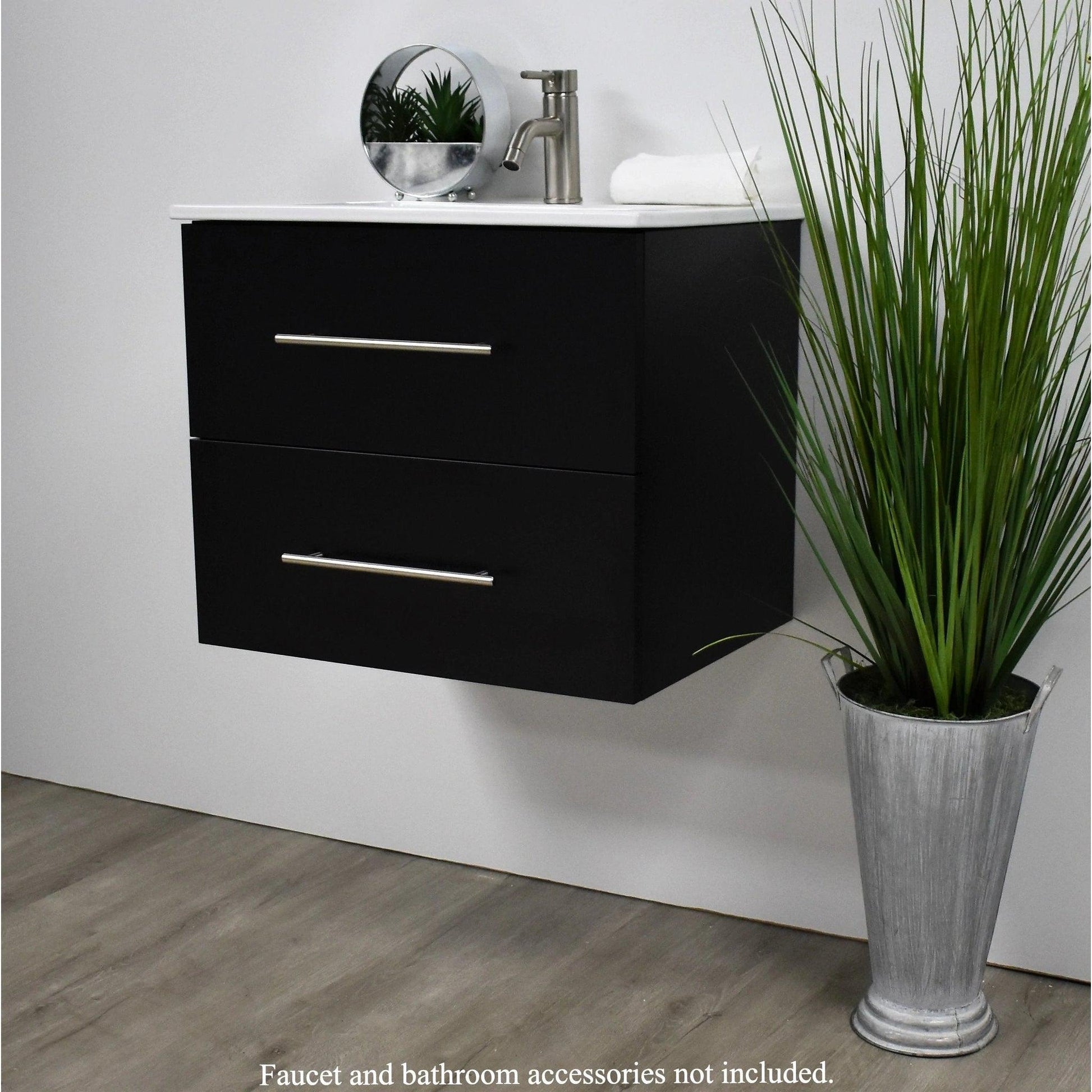 Volpa USA Napa 24" Black Wall-Mounted Floating Modern Bathroom Vanity With Integrated Ceramic Top and Satin Nickel Round Handles