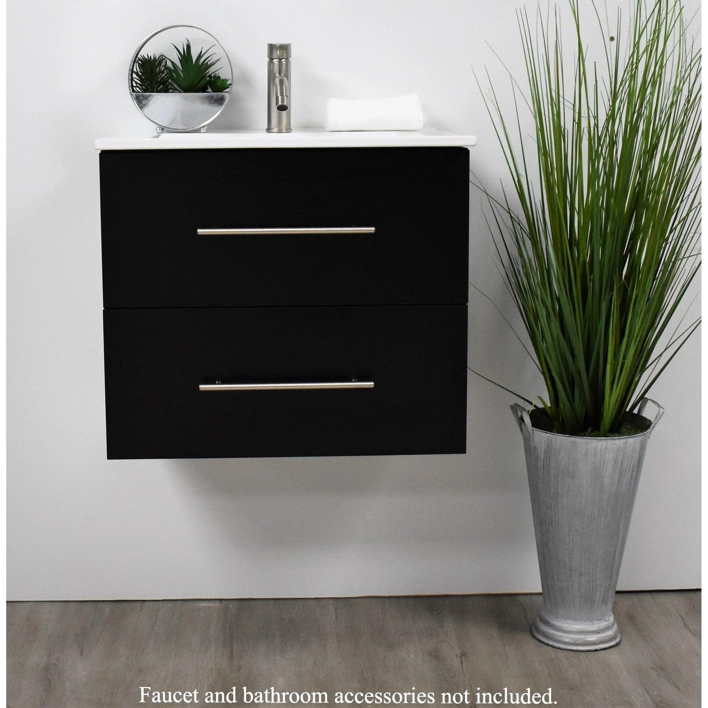 Volpa USA Napa 24" Black Wall-Mounted Floating Modern Bathroom Vanity With Integrated Ceramic Top and Satin Nickel Round Handles