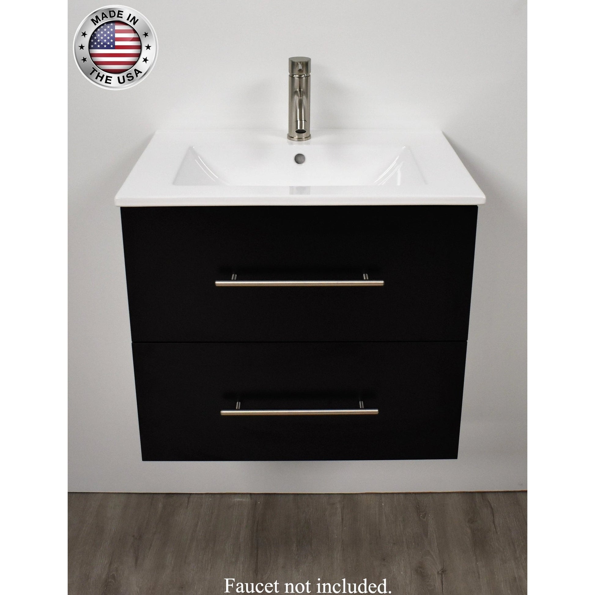 Volpa USA Napa 24" Black Wall-Mounted Floating Modern Bathroom Vanity With Integrated Ceramic Top and Satin Nickel Round Handles