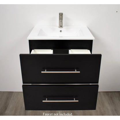 Volpa USA Napa 24" Black Wall-Mounted Floating Modern Bathroom Vanity With Integrated Ceramic Top and Satin Nickel Round Handles