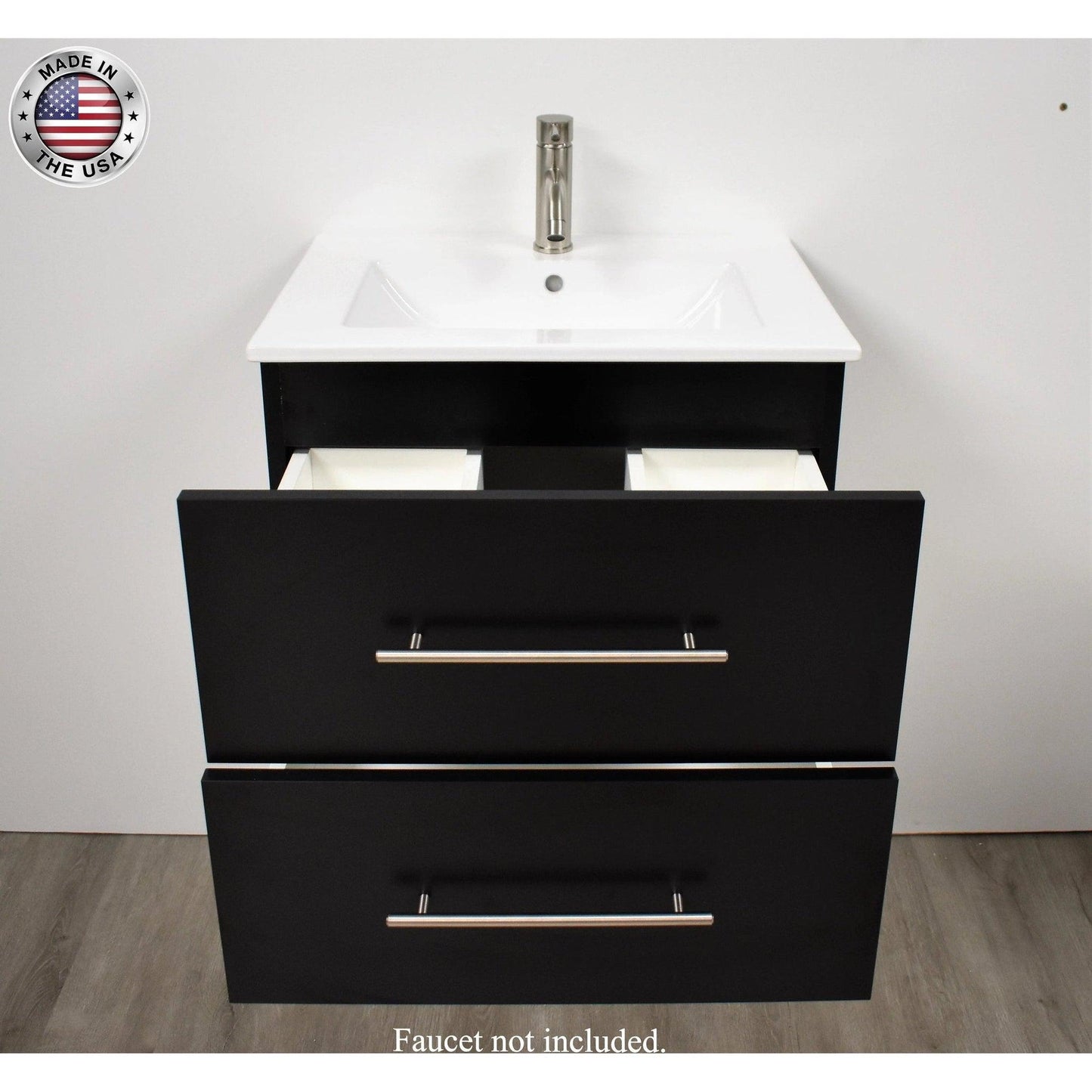 Volpa USA Napa 24" Black Wall-Mounted Floating Modern Bathroom Vanity With Integrated Ceramic Top and Satin Nickel Round Handles