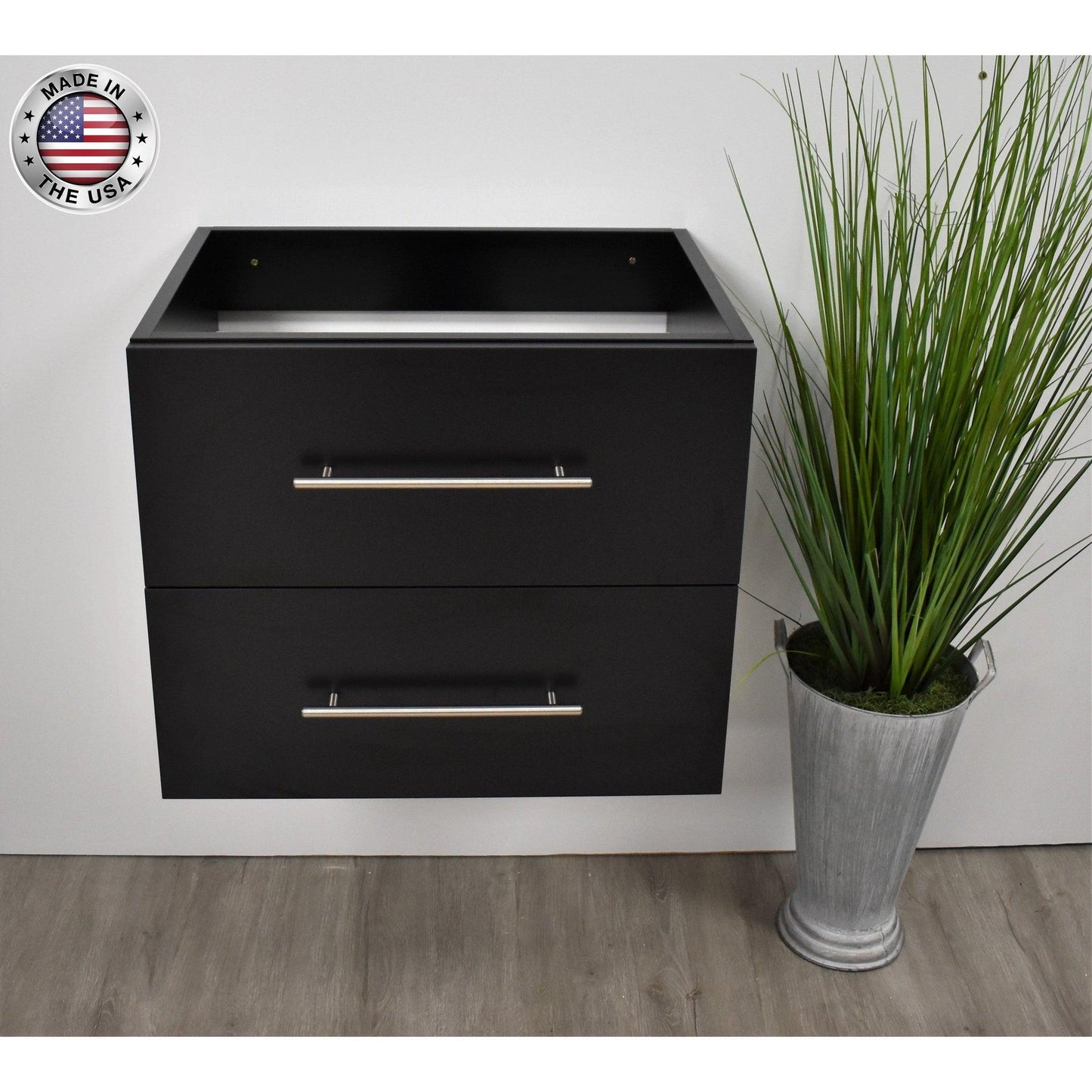 Volpa USA Napa 24" Black Wall-Mounted Floating Modern Bathroom Vanity With Satin Nickel Round Handles