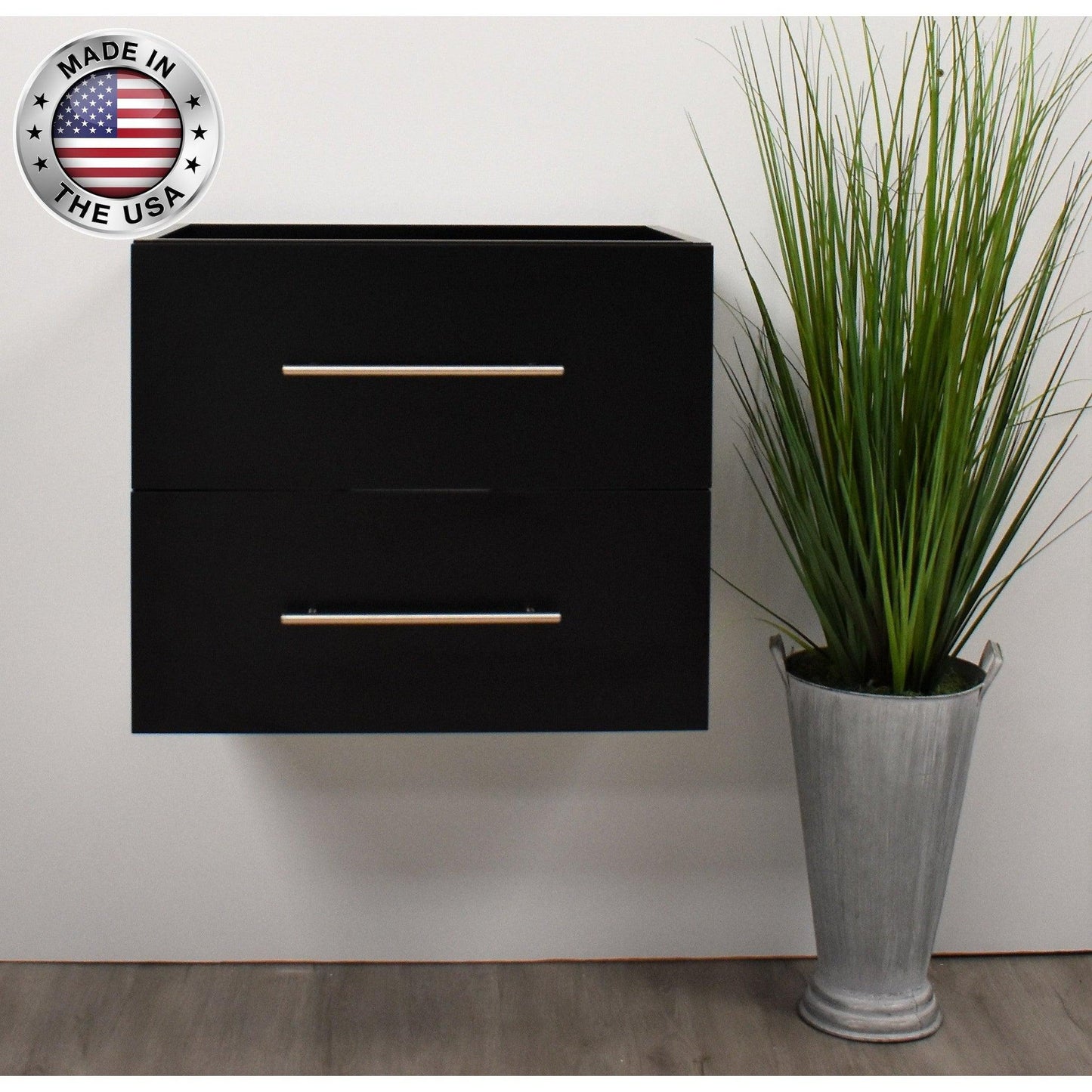 Volpa USA Napa 24" Black Wall-Mounted Floating Modern Bathroom Vanity With Satin Nickel Round Handles