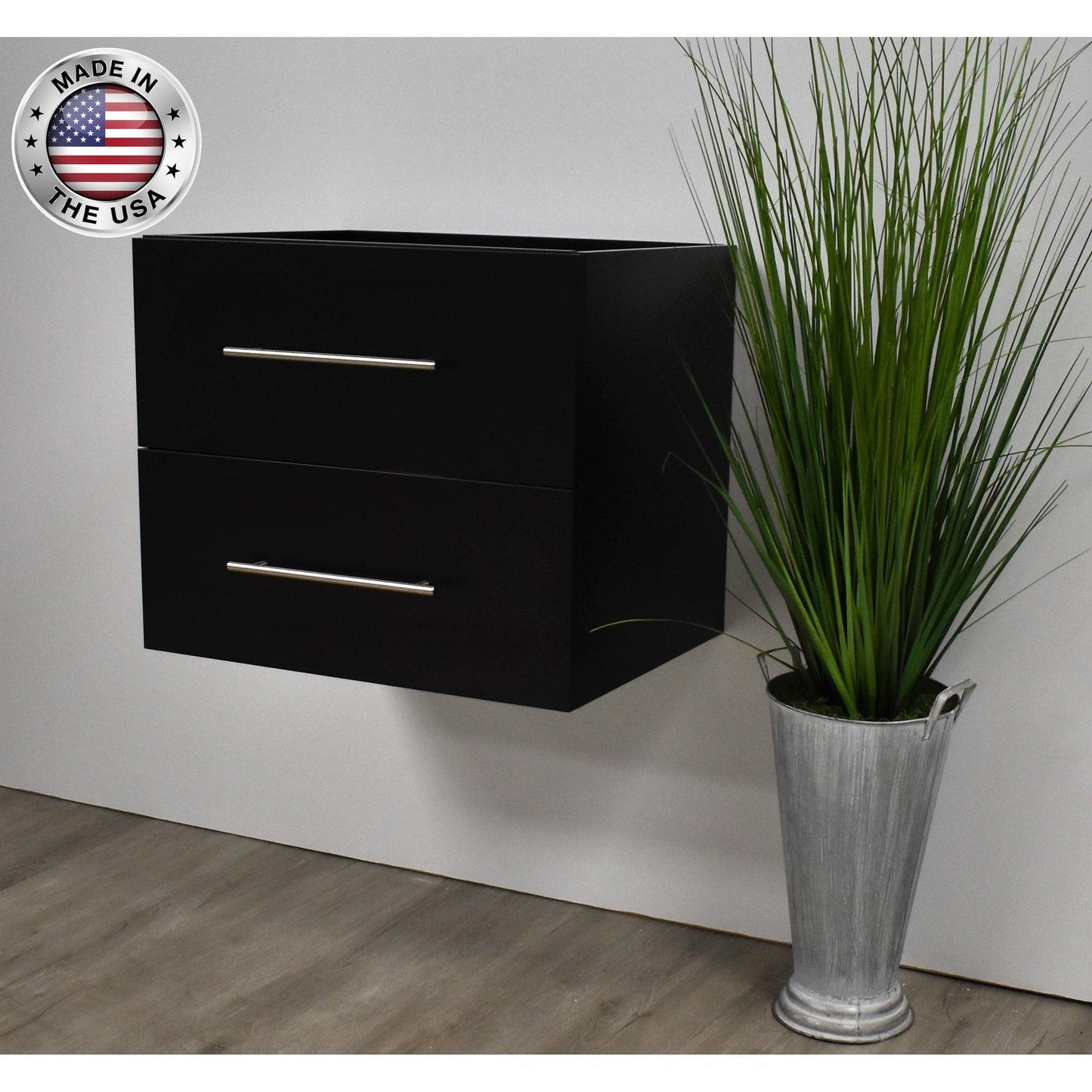 Volpa USA Napa 24" Black Wall-Mounted Floating Modern Bathroom Vanity With Satin Nickel Round Handles