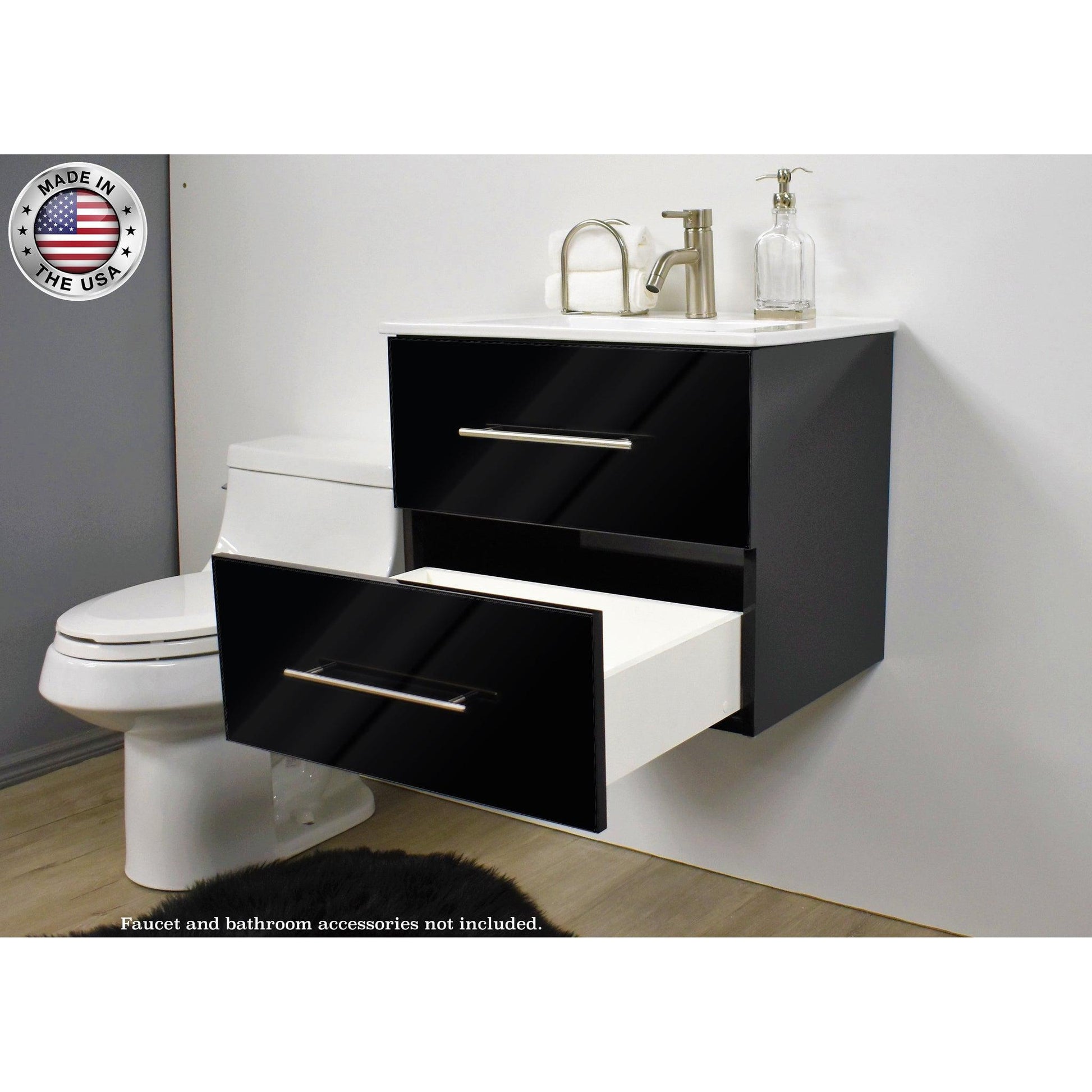 Volpa USA Napa 24" Glossy Black Wall-Mounted Floating Modern Bathroom Vanity With Integrated Ceramic Top and Satin Nickel Round Handles