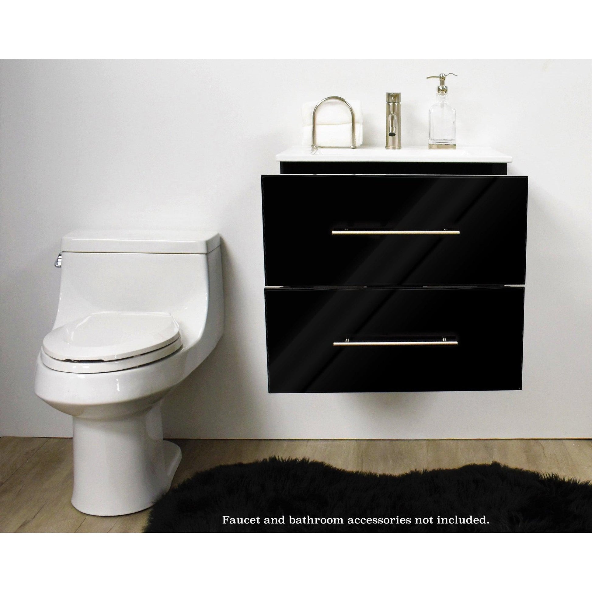 Volpa USA Napa 24" Glossy Black Wall-Mounted Floating Modern Bathroom Vanity With Integrated Ceramic Top and Satin Nickel Round Handles