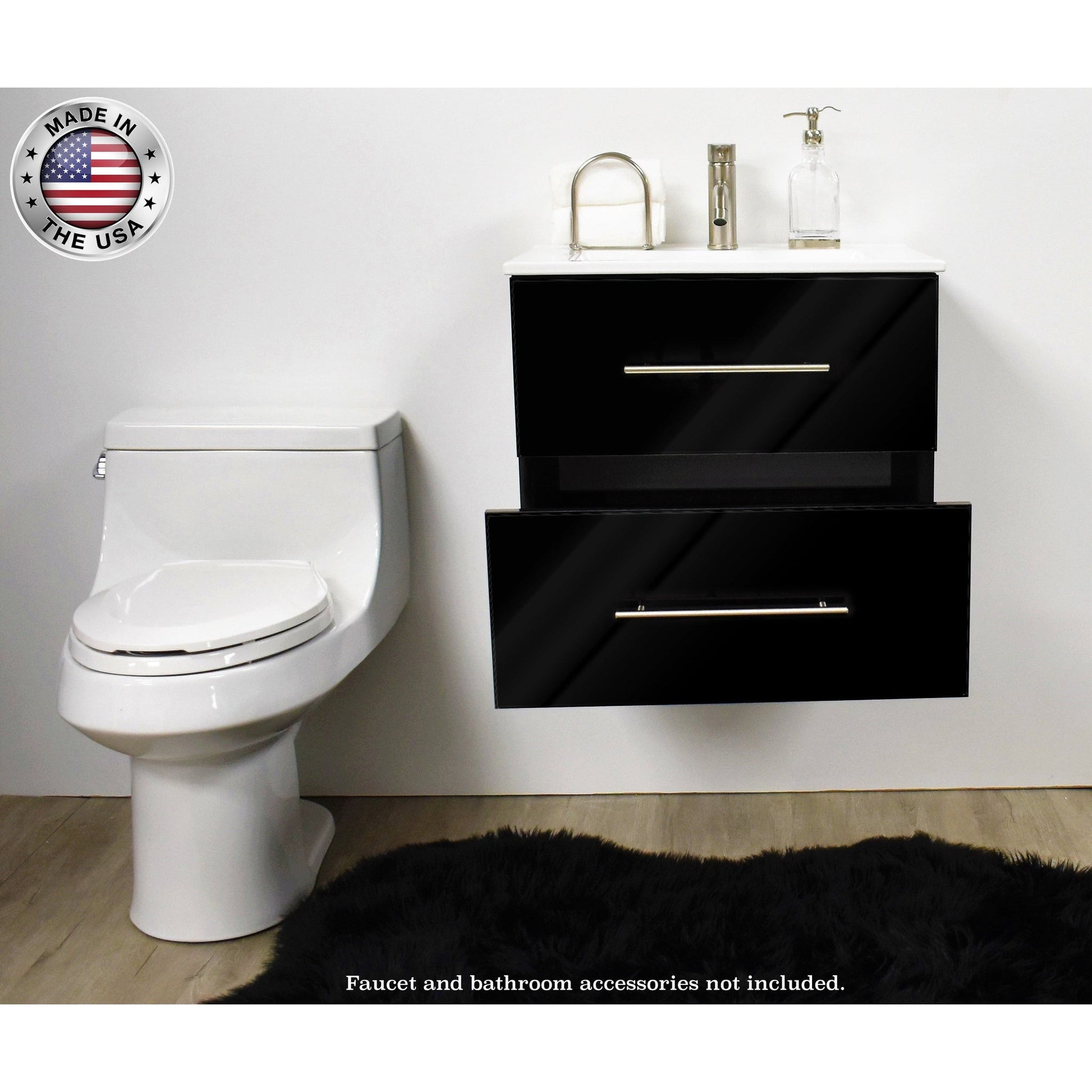 Volpa USA Napa 24" Glossy Black Wall-Mounted Floating Modern Bathroom Vanity With Integrated Ceramic Top and Satin Nickel Round Handles