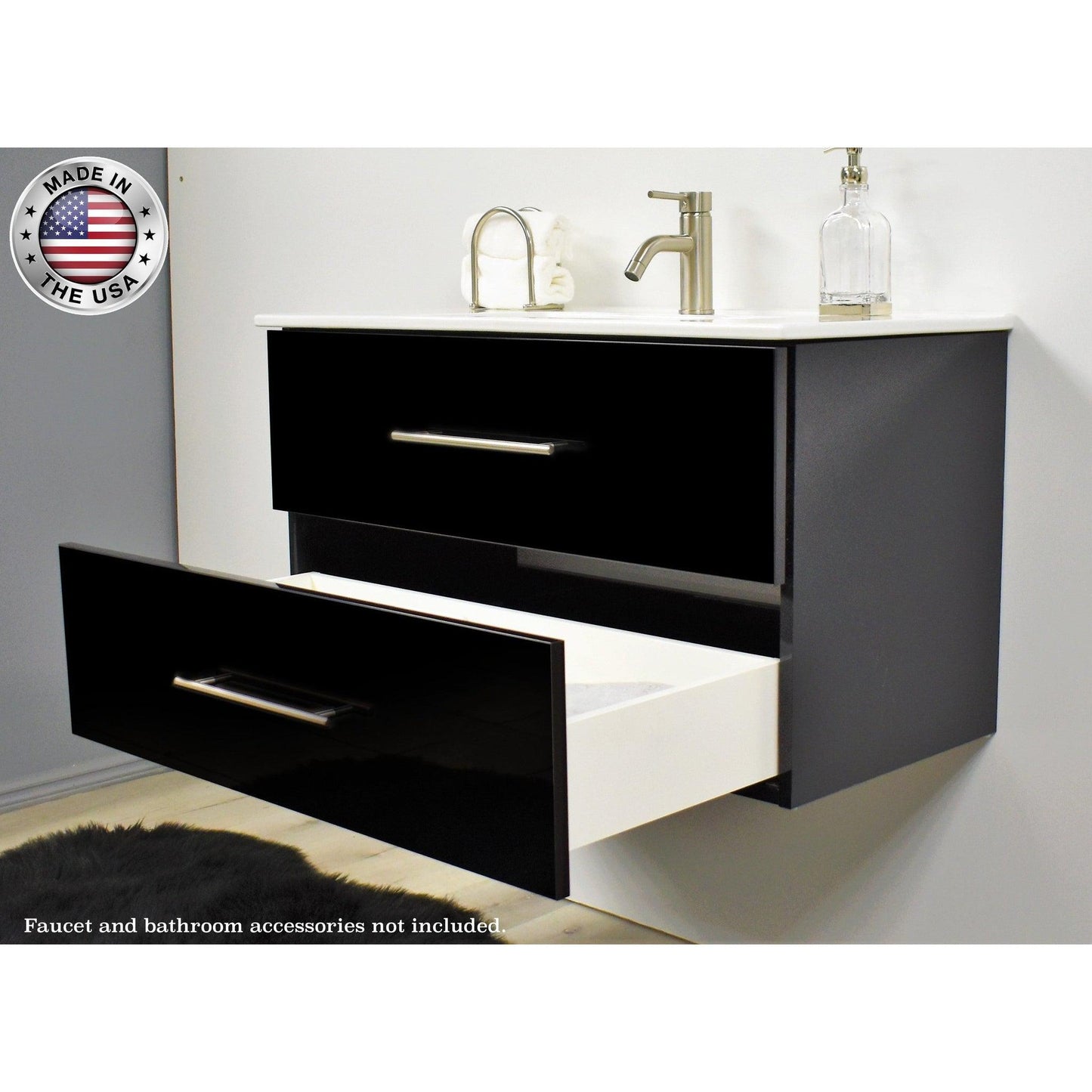 Volpa USA Napa 24" Glossy Black Wall-Mounted Floating Modern Bathroom Vanity With Integrated Ceramic Top and Satin Nickel Round Handles