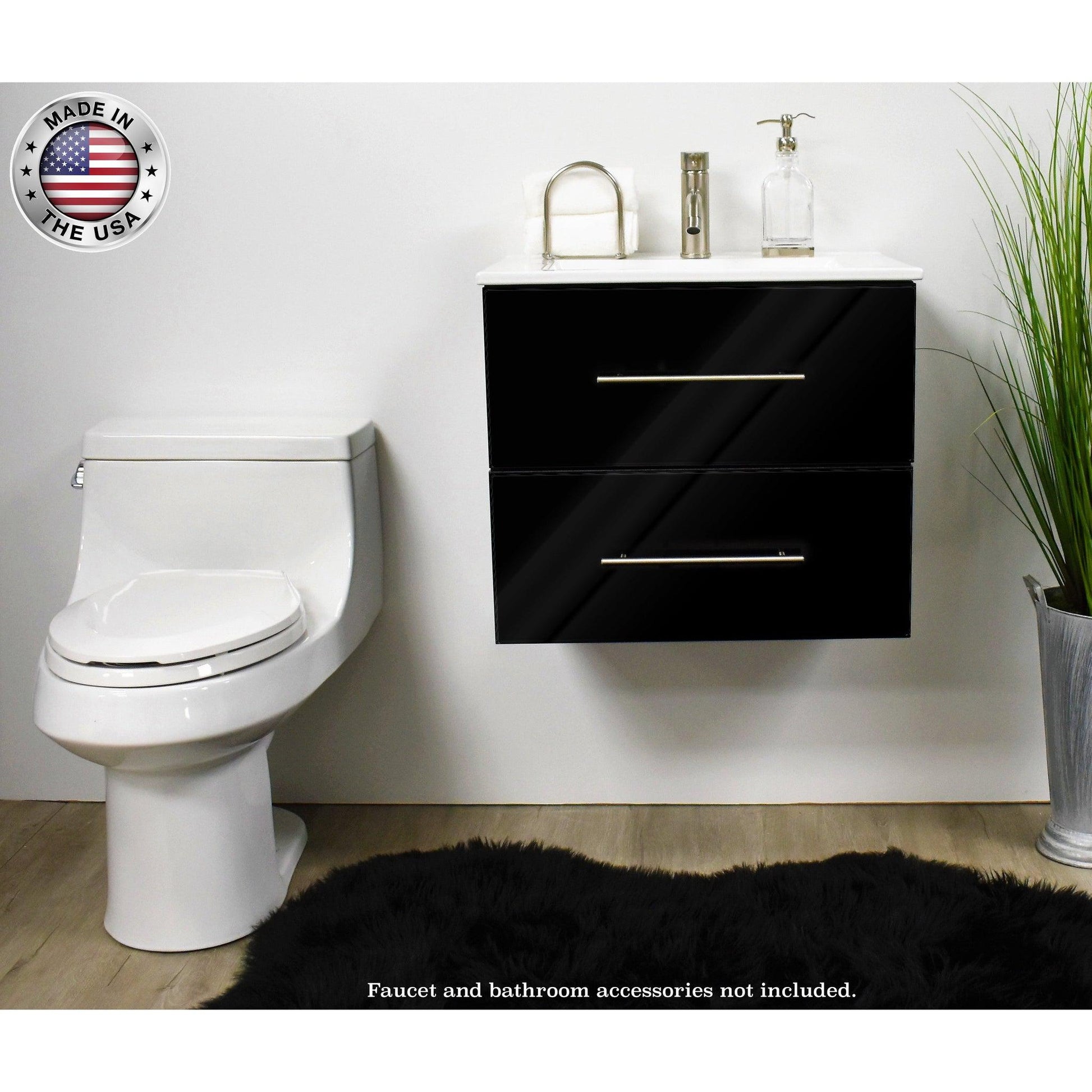 Volpa USA Napa 24" Glossy Black Wall-Mounted Floating Modern Bathroom Vanity With Integrated Ceramic Top and Satin Nickel Round Handles