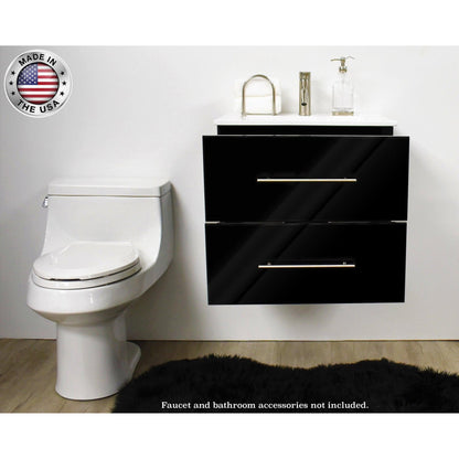 Volpa USA Napa 24" Glossy Black Wall-Mounted Floating Modern Bathroom Vanity With Integrated Ceramic Top and Satin Nickel Round Handles