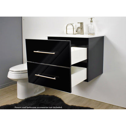 Volpa USA Napa 24" Glossy Black Wall-Mounted Floating Modern Bathroom Vanity With Integrated Ceramic Top and Satin Nickel Round Handles