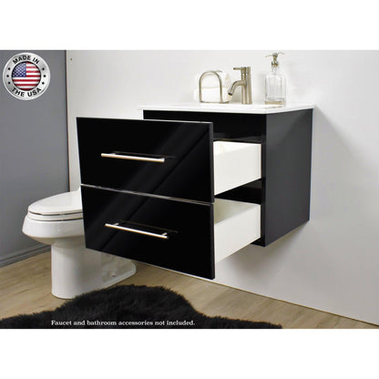 Volpa USA Napa 24" Glossy Black Wall-Mounted Floating Modern Bathroom Vanity With Integrated Ceramic Top and Satin Nickel Round Handles