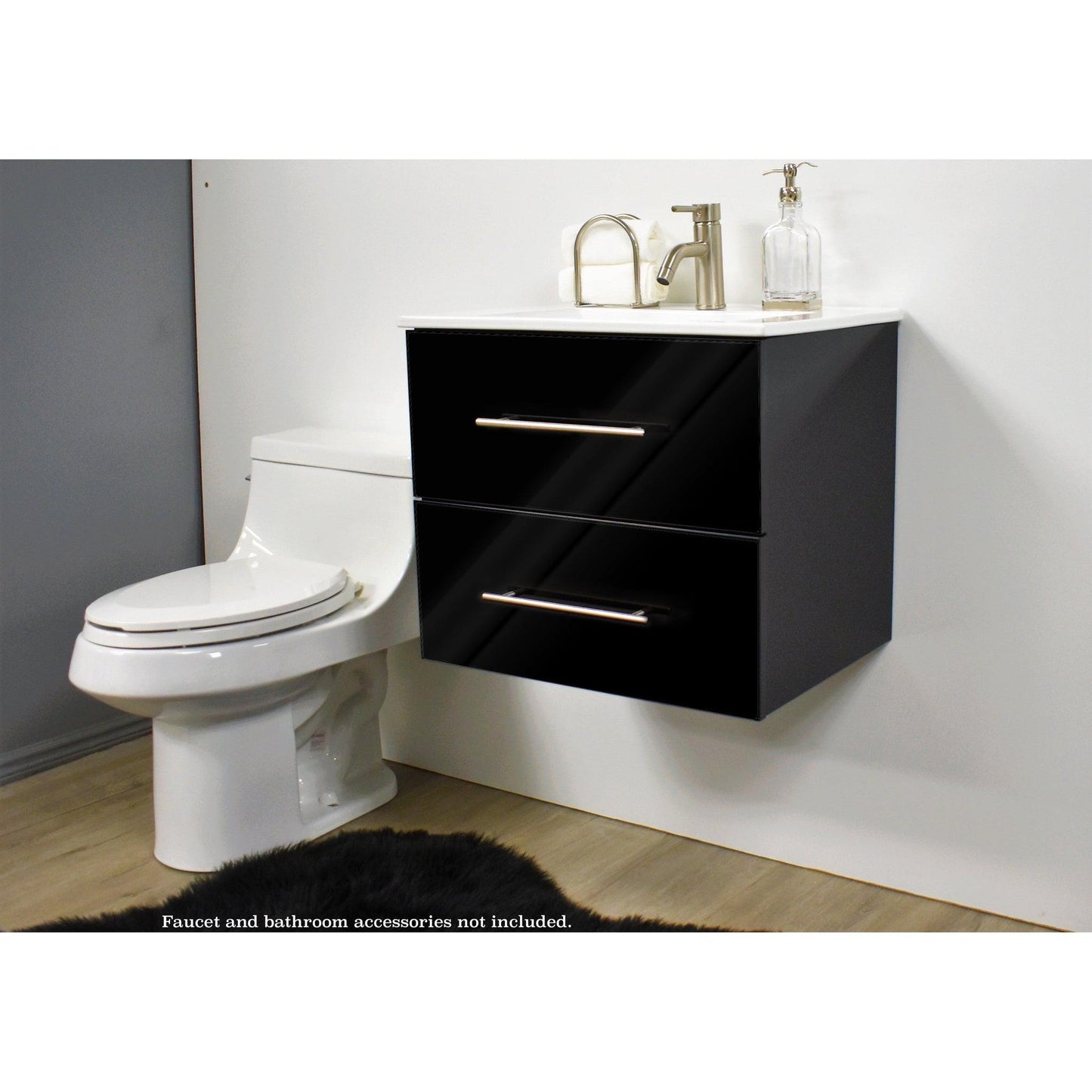 Volpa USA Napa 24" Glossy Black Wall-Mounted Floating Modern Bathroom Vanity With Integrated Ceramic Top and Satin Nickel Round Handles