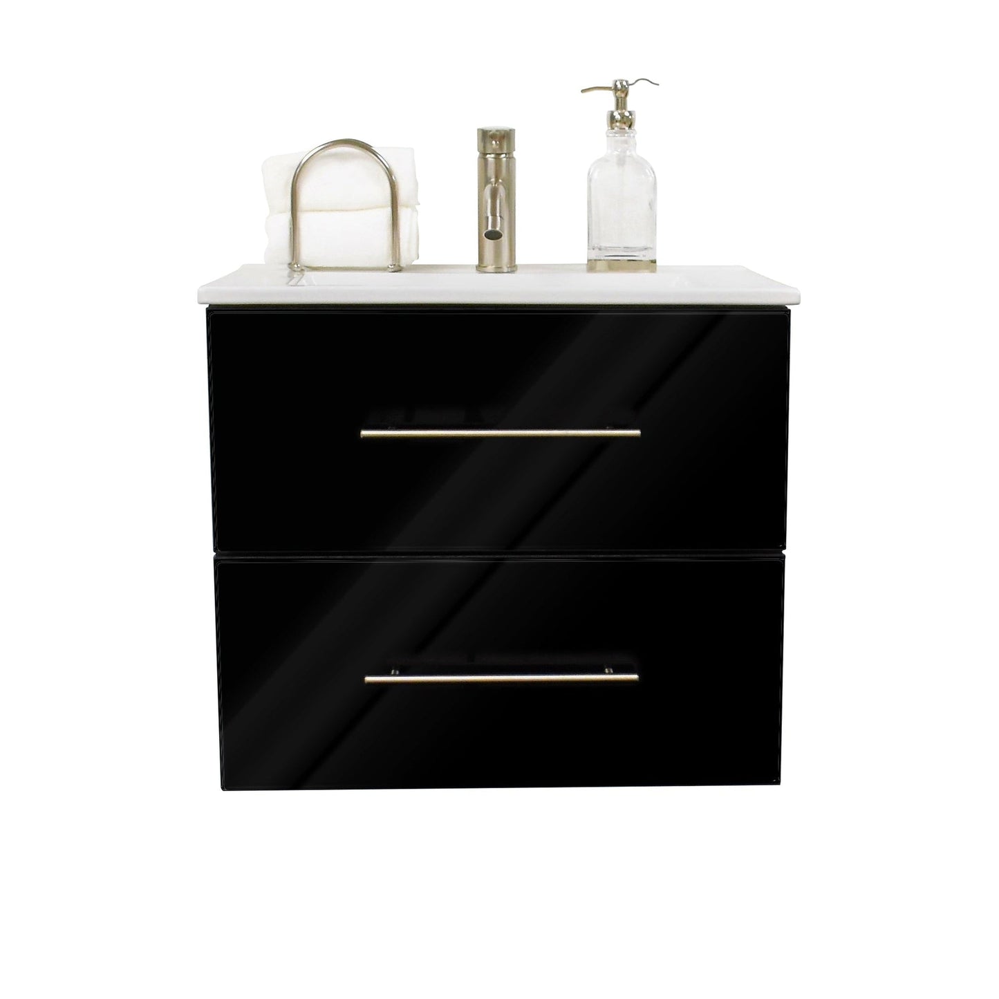 Volpa USA Napa 24" Glossy Black Wall-Mounted Floating Modern Bathroom Vanity With Integrated Ceramic Top and Satin Nickel Round Handles