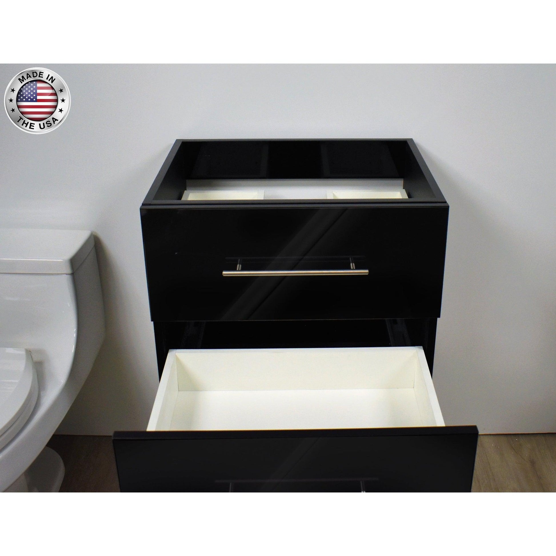 Volpa USA Napa 24" Glossy Black Wall-Mounted Floating Modern Bathroom Vanity With Satin Nickel Round Handles