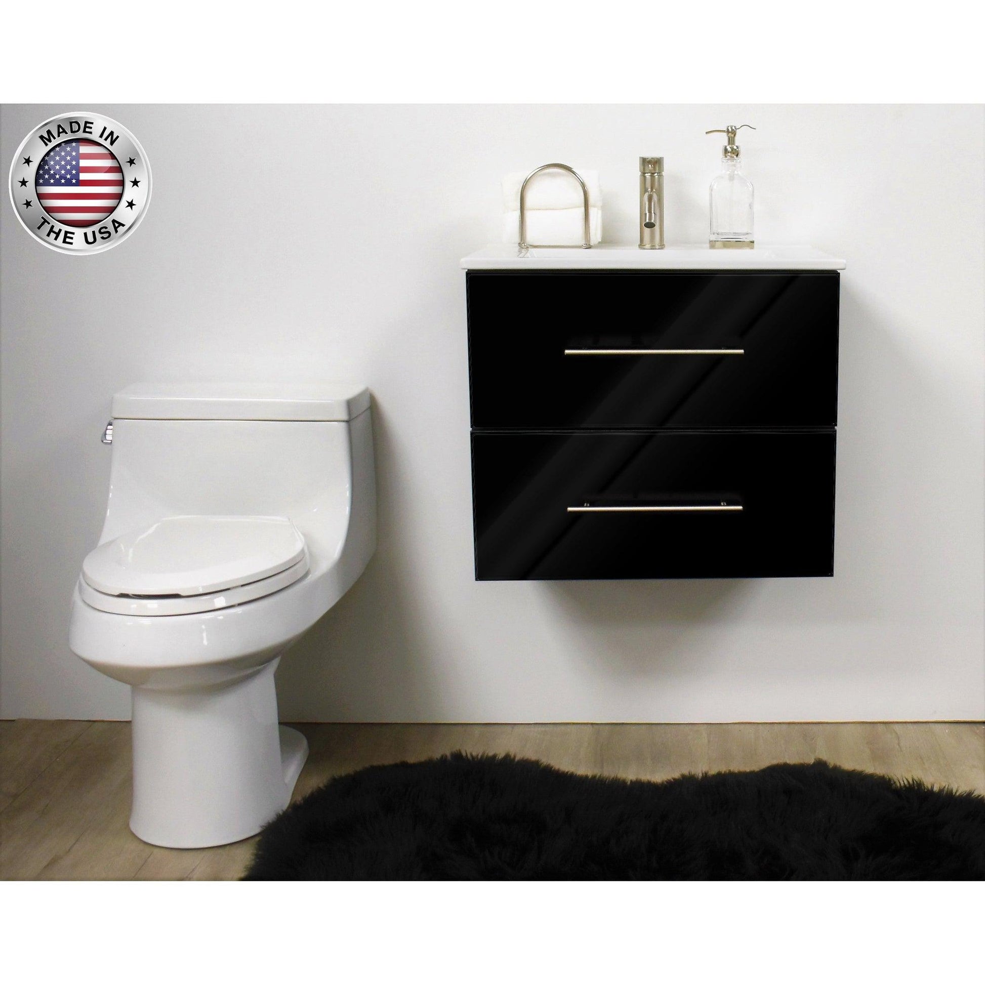 Volpa USA Napa 24" Glossy Black Wall-Mounted Floating Modern Bathroom Vanity With Satin Nickel Round Handles