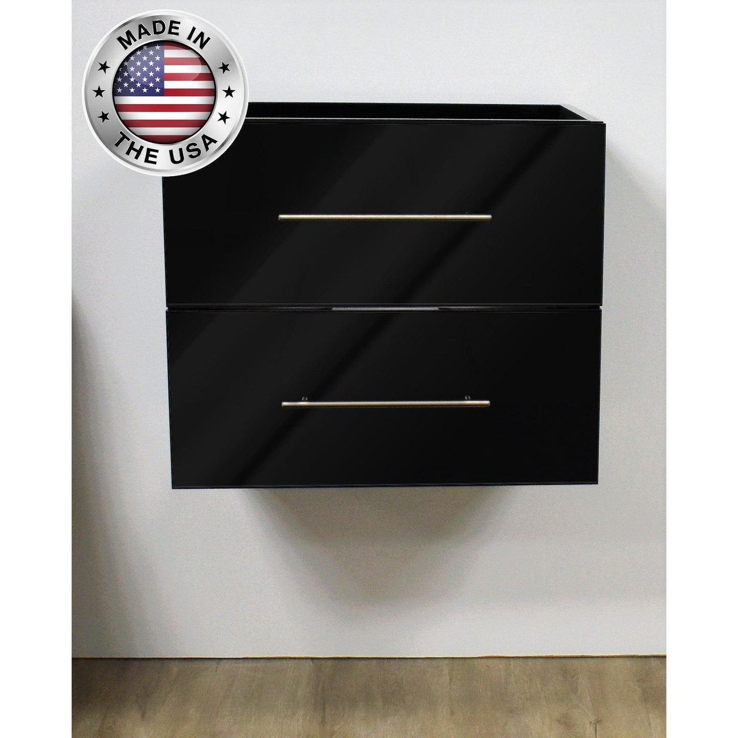 Volpa USA Napa 24" Glossy Black Wall-Mounted Floating Modern Bathroom Vanity With Satin Nickel Round Handles