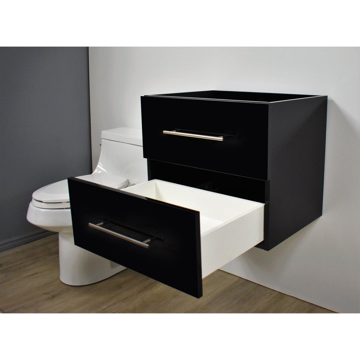 Volpa USA Napa 24" Glossy Black Wall-Mounted Floating Modern Bathroom Vanity With Satin Nickel Round Handles