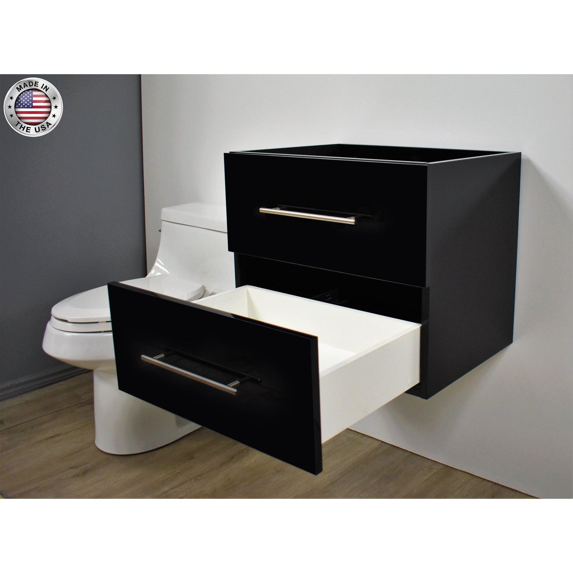 Volpa USA Napa 24" Glossy Black Wall-Mounted Floating Modern Bathroom Vanity With Satin Nickel Round Handles