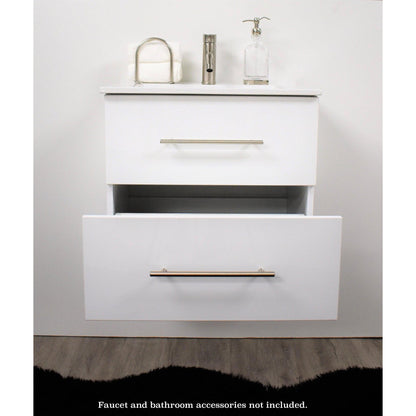 Volpa USA Napa 24" Glossy White Wall-Mounted Floating Modern Bathroom Vanity With Integrated Ceramic Top and Satin Nickel Round Handles