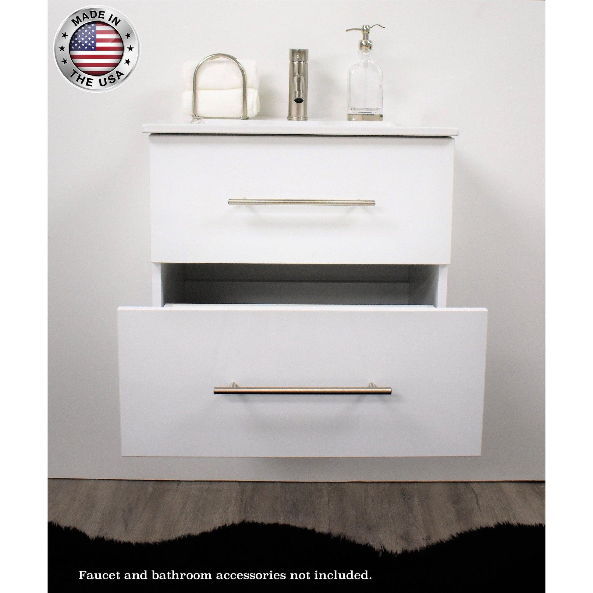 Volpa USA Napa 24" Glossy White Wall-Mounted Floating Modern Bathroom Vanity With Integrated Ceramic Top and Satin Nickel Round Handles