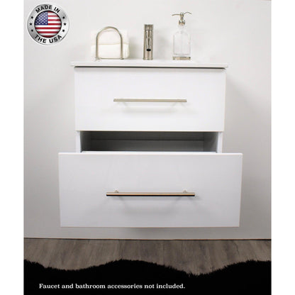 Volpa USA Napa 24" Glossy White Wall-Mounted Floating Modern Bathroom Vanity With Integrated Ceramic Top and Satin Nickel Round Handles