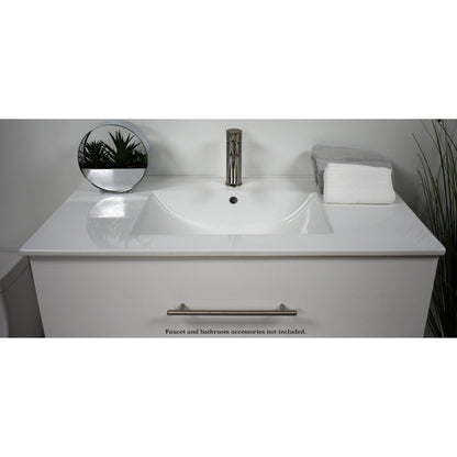 Volpa USA Napa 24" Glossy White Wall-Mounted Floating Modern Bathroom Vanity With Integrated Ceramic Top and Satin Nickel Round Handles