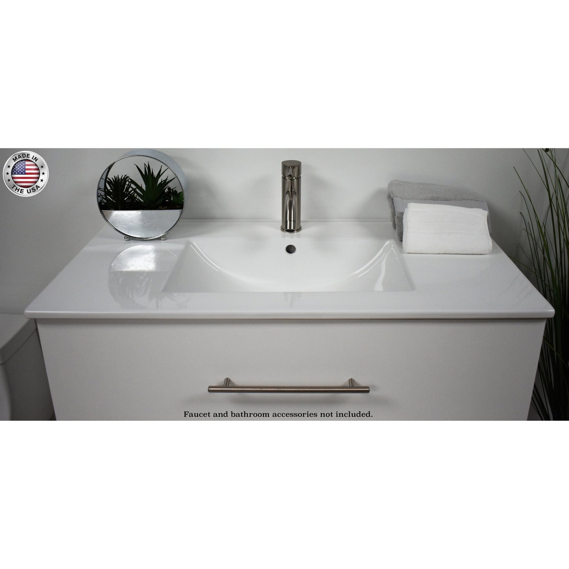 Volpa USA Napa 24" Glossy White Wall-Mounted Floating Modern Bathroom Vanity With Integrated Ceramic Top and Satin Nickel Round Handles