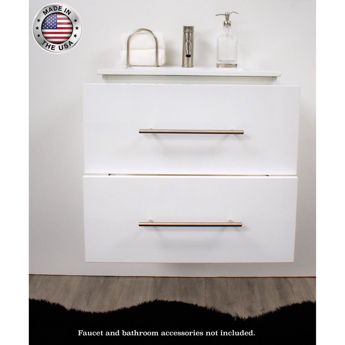 Volpa USA Napa 24" Glossy White Wall-Mounted Floating Modern Bathroom Vanity With Integrated Ceramic Top and Satin Nickel Round Handles