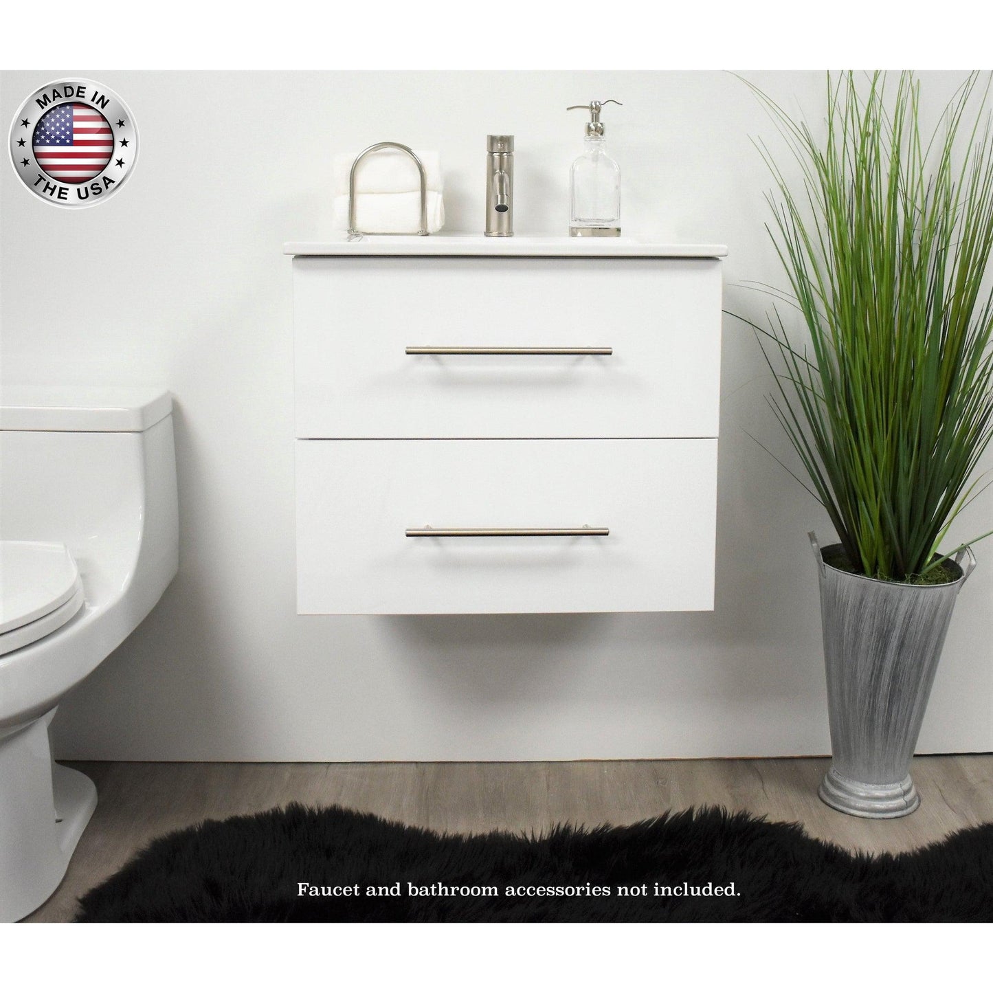 Volpa USA Napa 24" Glossy White Wall-Mounted Floating Modern Bathroom Vanity With Integrated Ceramic Top and Satin Nickel Round Handles