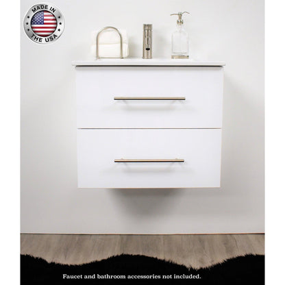 Volpa USA Napa 24" Glossy White Wall-Mounted Floating Modern Bathroom Vanity With Integrated Ceramic Top and Satin Nickel Round Handles