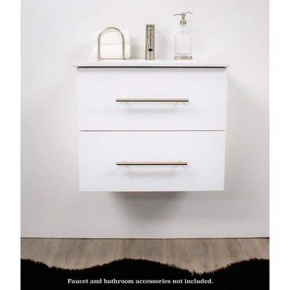 Volpa USA Napa 24" Glossy White Wall-Mounted Floating Modern Bathroom Vanity With Integrated Ceramic Top and Satin Nickel Round Handles