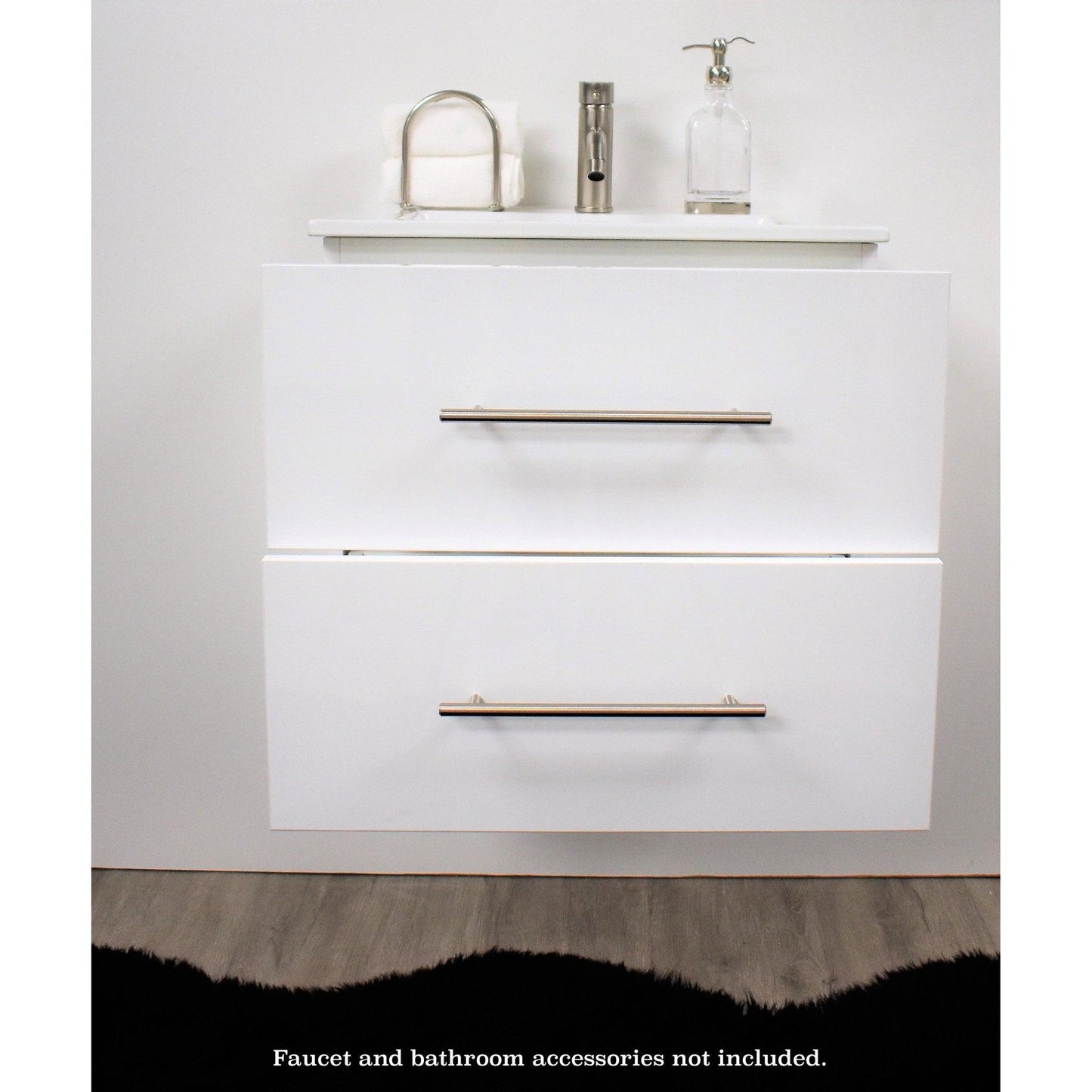 Volpa USA Napa 24" Glossy White Wall-Mounted Floating Modern Bathroom Vanity With Integrated Ceramic Top and Satin Nickel Round Handles