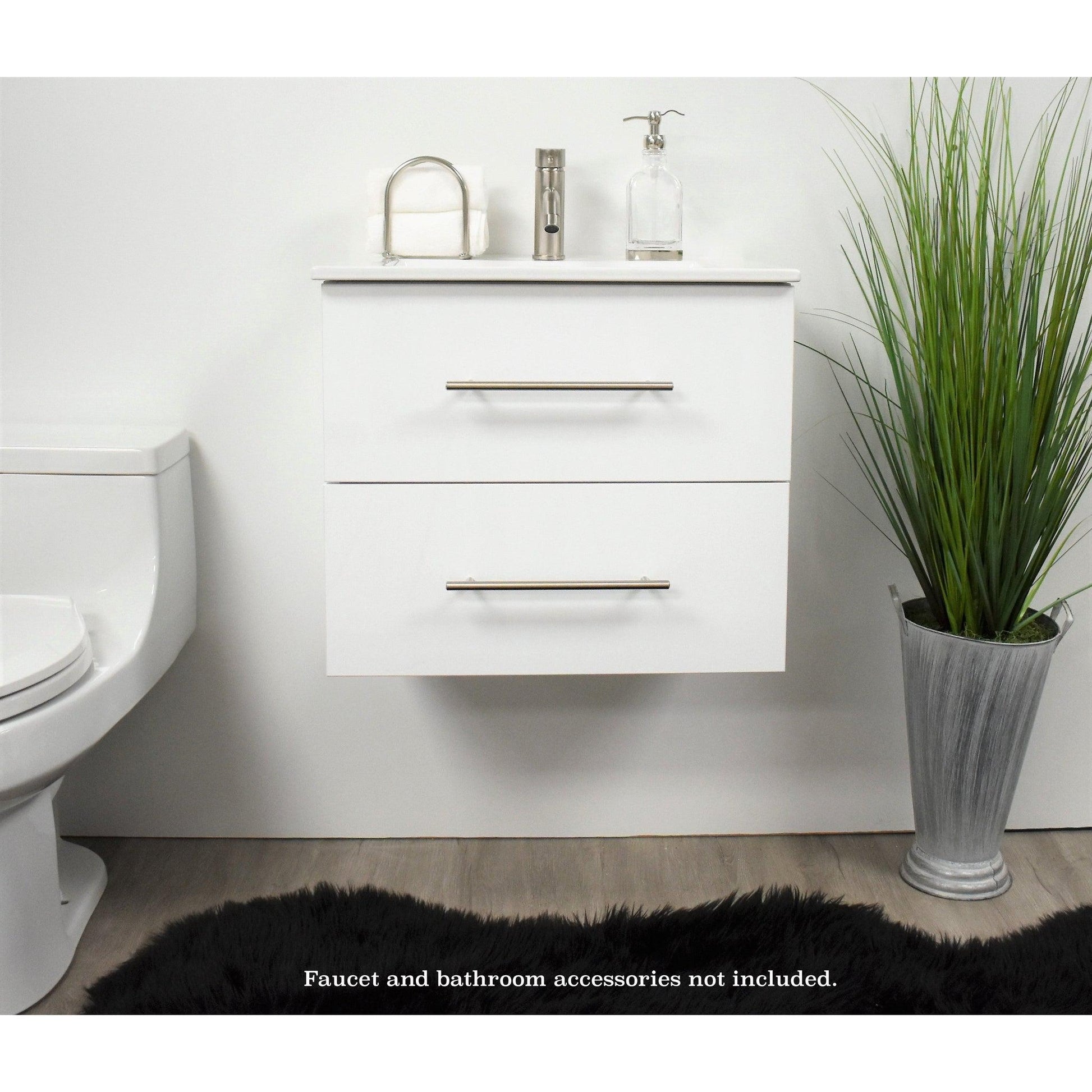 Volpa USA Napa 24" Glossy White Wall-Mounted Floating Modern Bathroom Vanity With Integrated Ceramic Top and Satin Nickel Round Handles